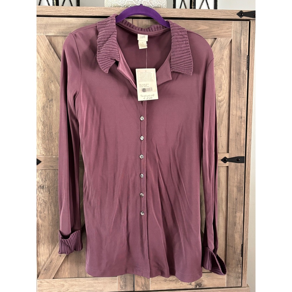 J. Jill Womens Plum Purple Ribbed Collar Cuff Button Down Long Sleeve Top S NWT